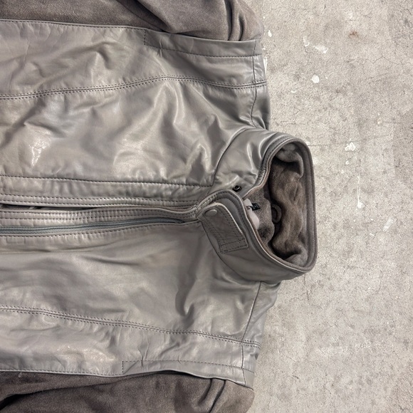 Gray Leather Jacket with Stand-Up Collar and Full-Length Zipper - Picture 7 of 11